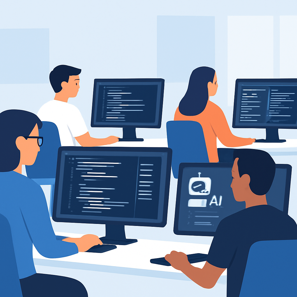 Software developers working with AI coding tools and multiple screens