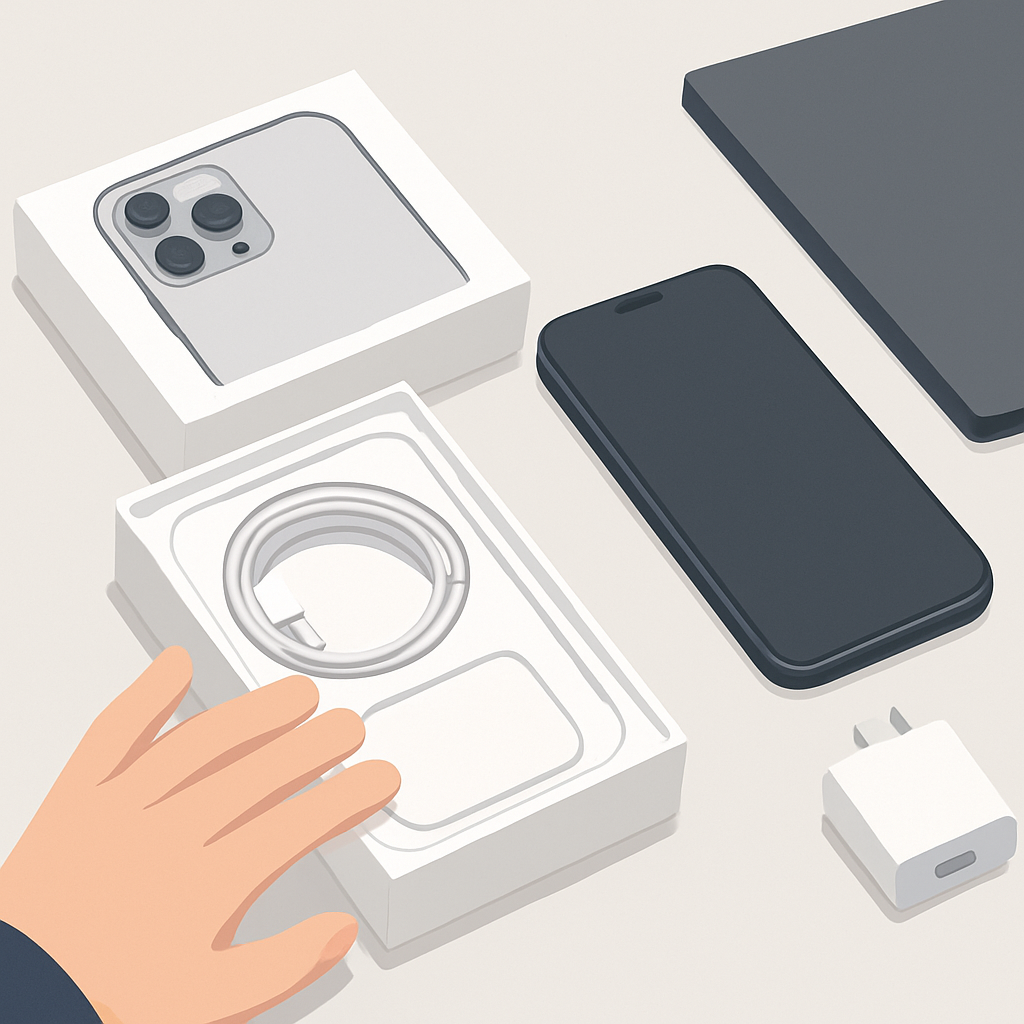 iPhone 16 Pro Max unboxing with accessories and initial setup screen