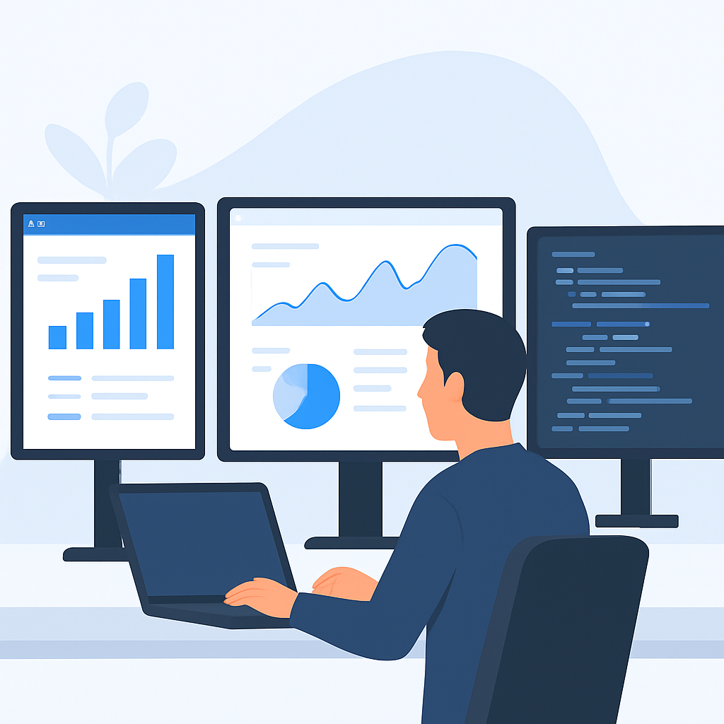 Individual SaaS developer workspace with analytics dashboard