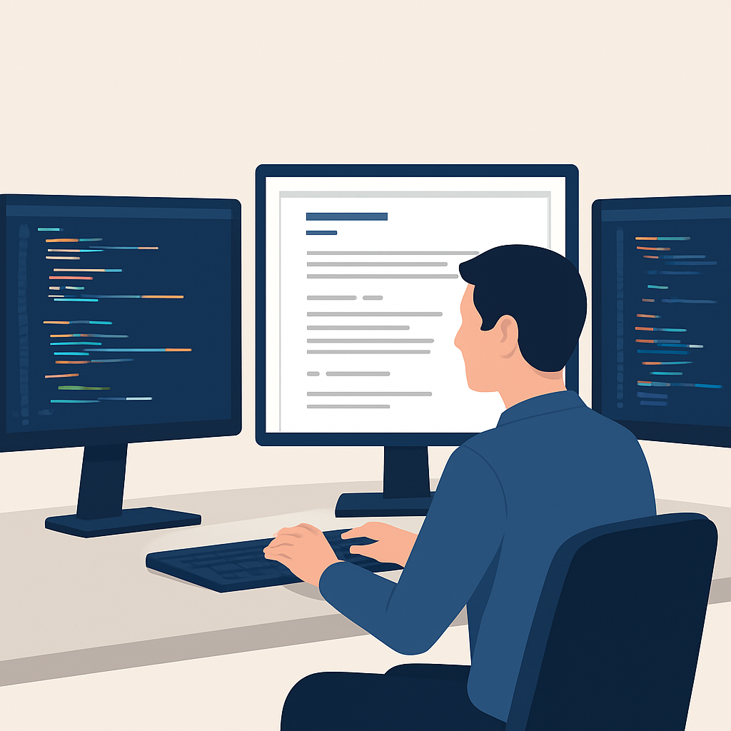Software engineer studying technical documentation in English