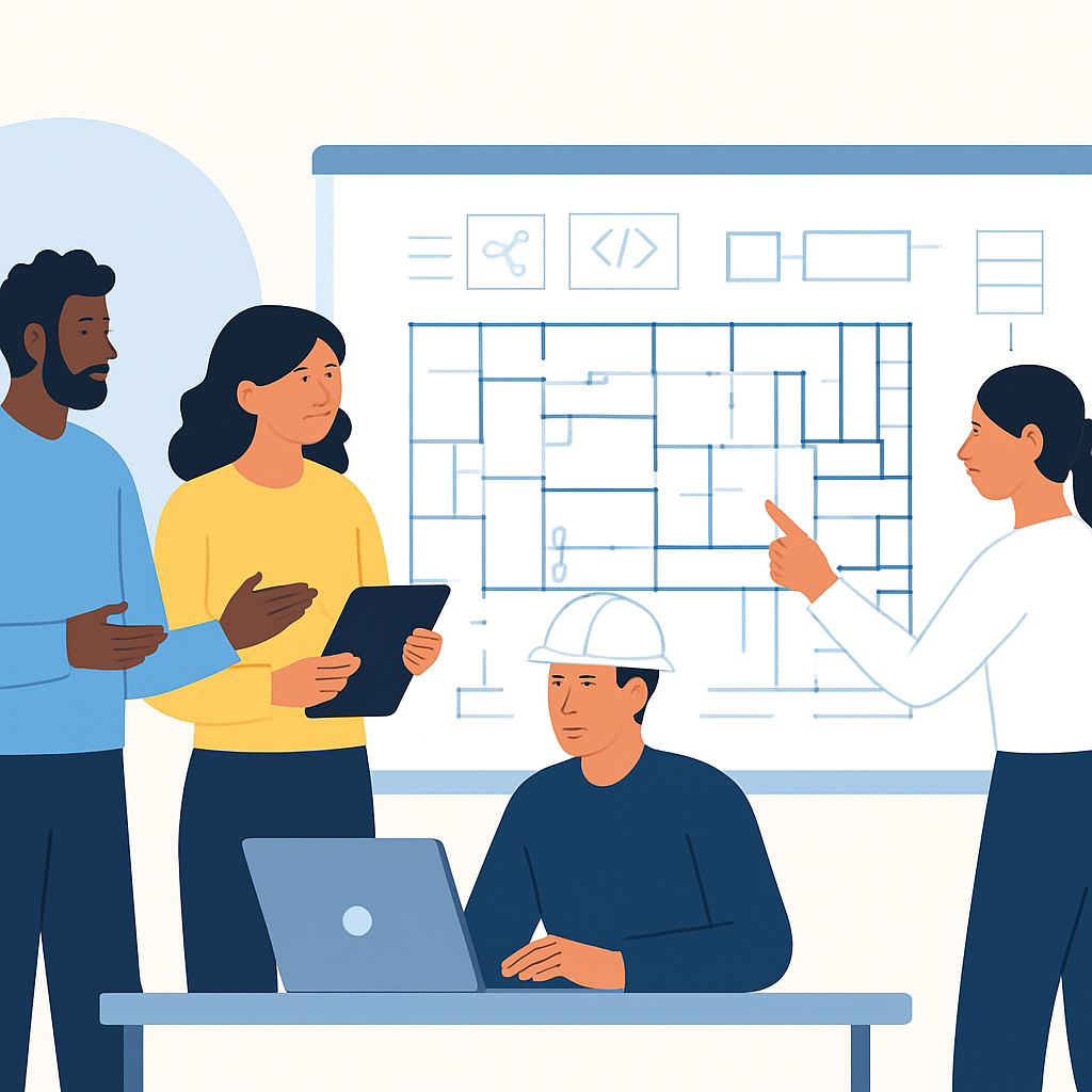 Diverse engineering team collaborating on multi-technology architecture