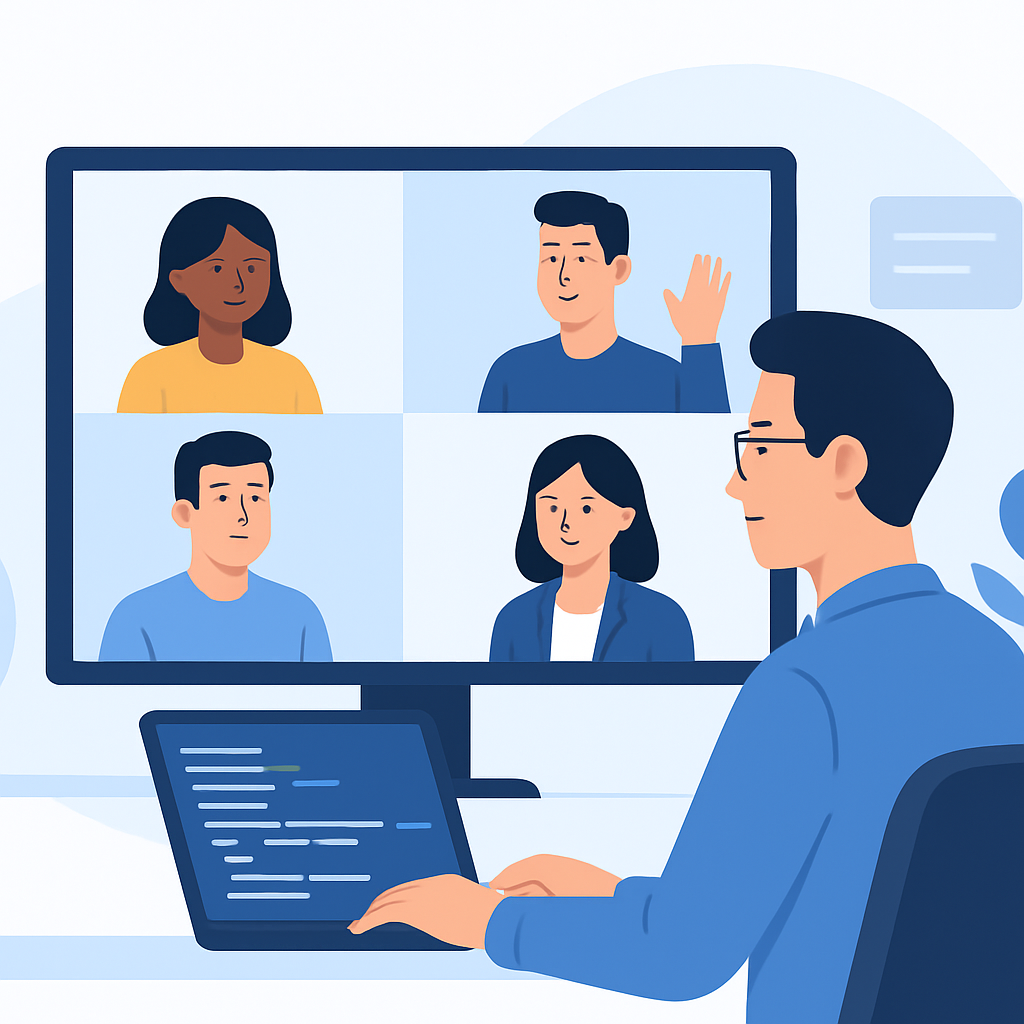 Software engineer in video conference with global development team