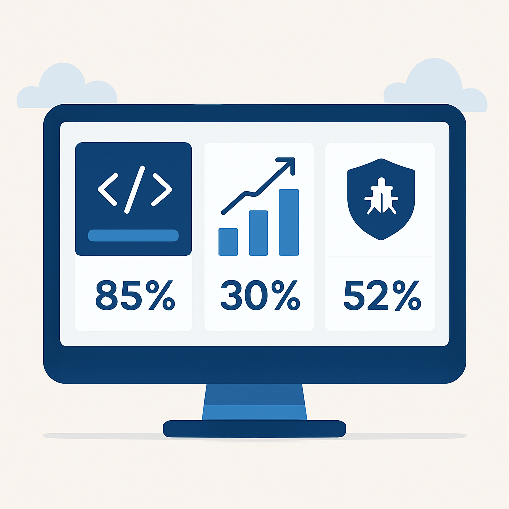 Software development productivity dashboard with charts and metrics