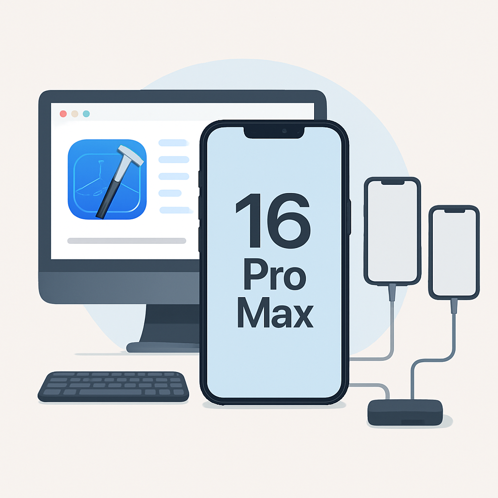 iPhone 16 Pro Max connected to development setup showing coding environment