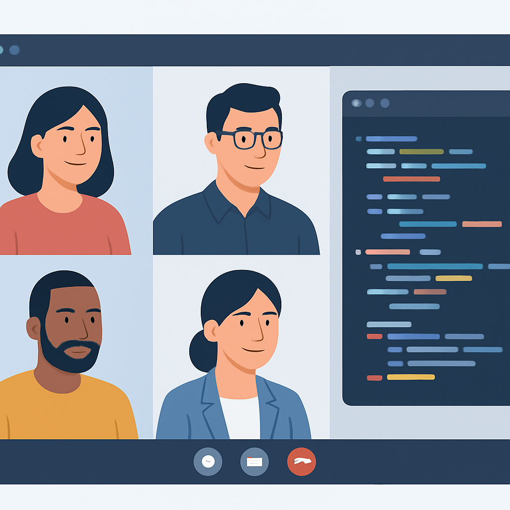Video conference interface showing multiple international team members collaborating on software development