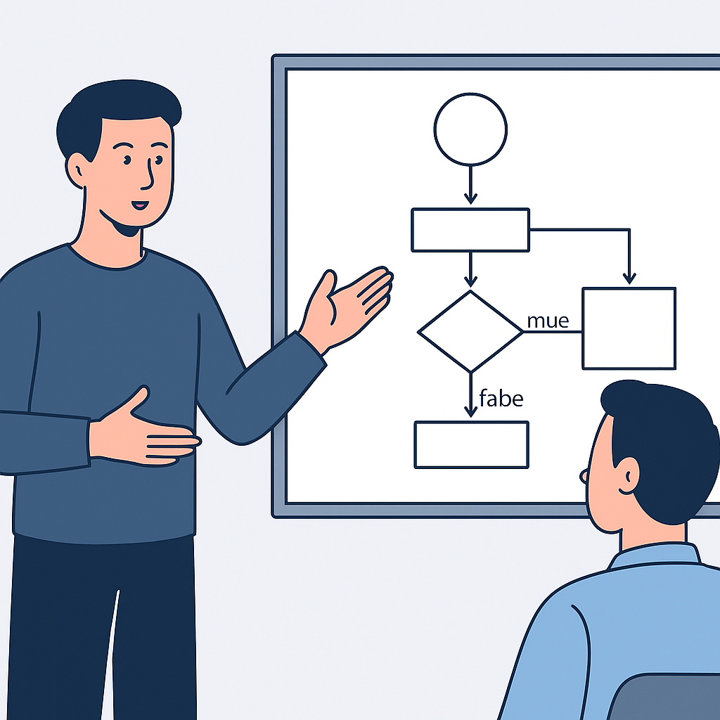Technical interview scene with engineer explaining code on whiteboard to interviewer