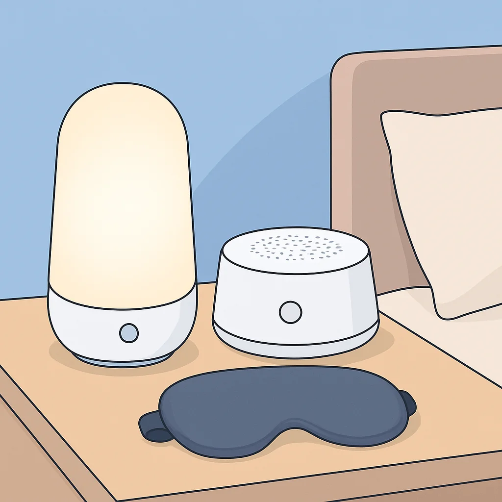 Sleep-enhancing gadgets on a bedside table