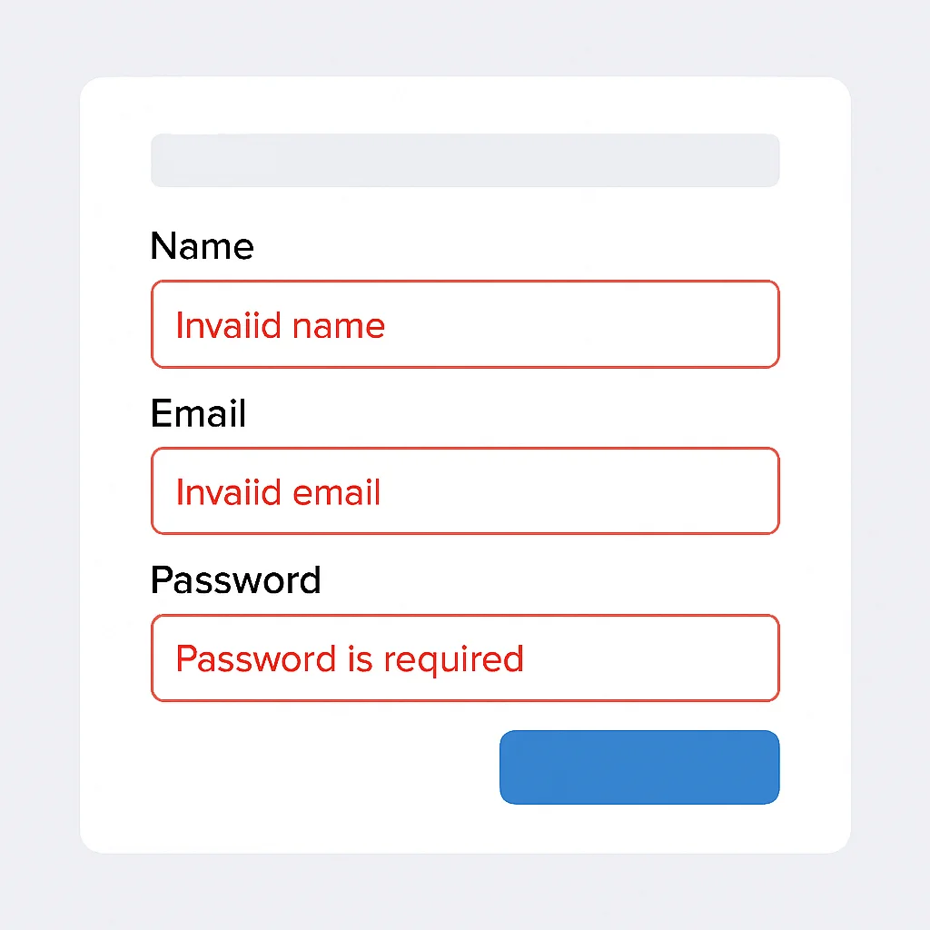 User registration form showing real-time Zod validation messages