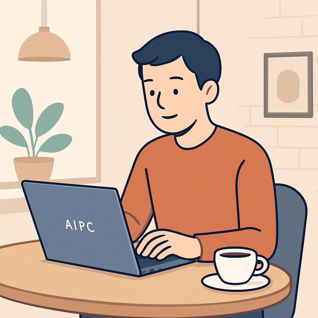 Developer working on AI PC in cafe