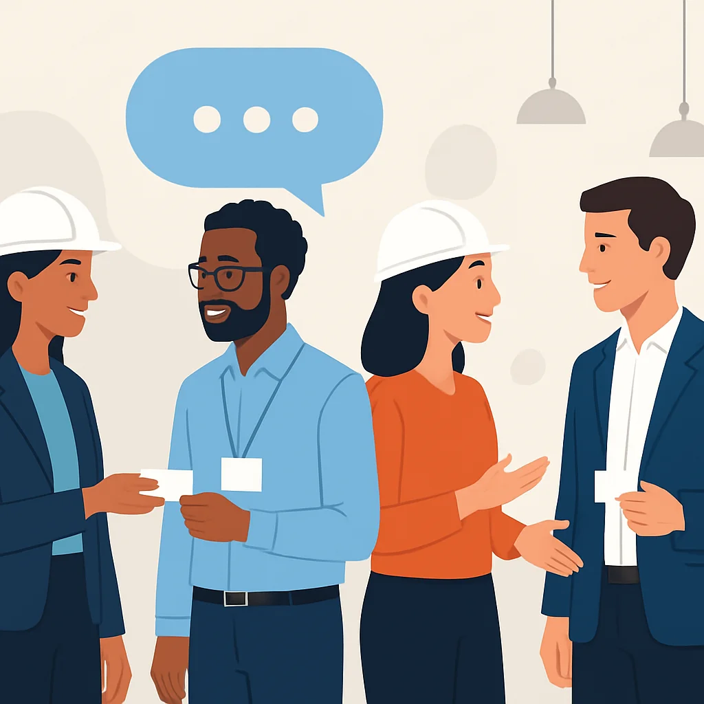 Engineers networking at a tech event