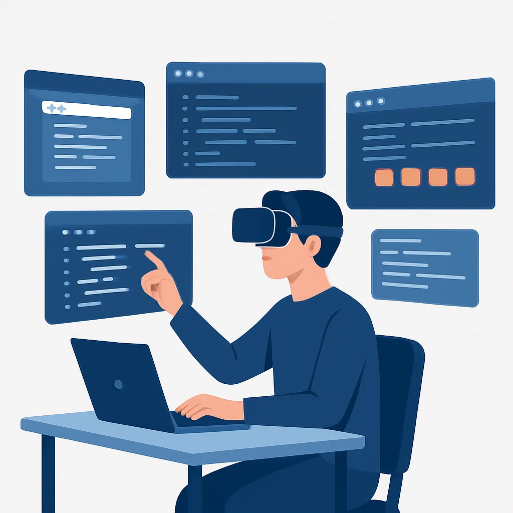 Developer in virtual multi-monitor workspace