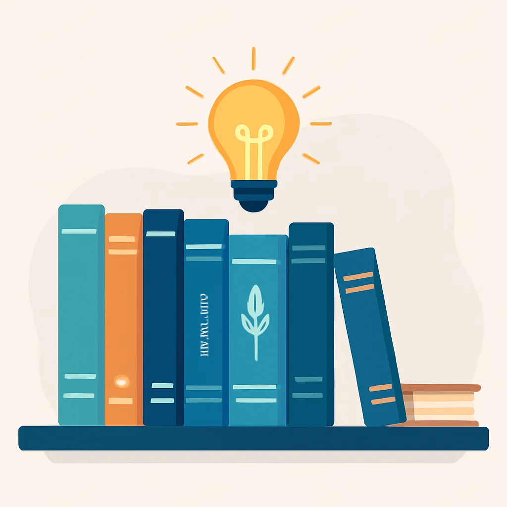 Bookshelf with mindfulness books, wisdom glow