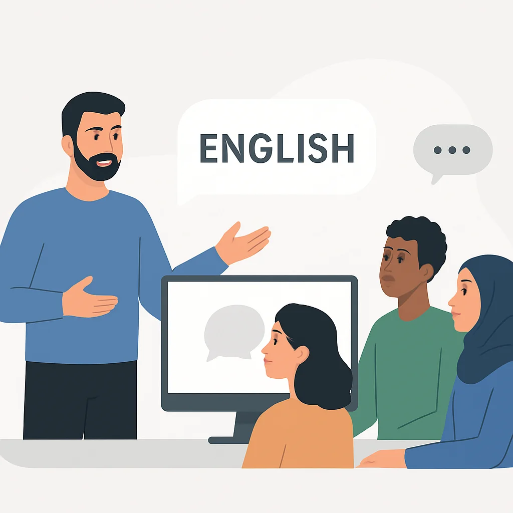 Confident developer collaborating in English