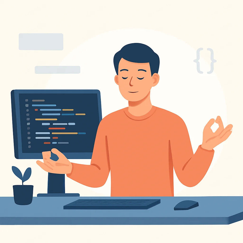 Developer meditating at desk with code, calm and focused