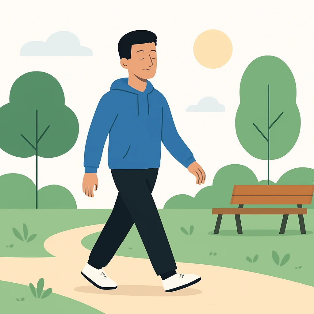 Developer on mindful walk in park, calm and refreshed