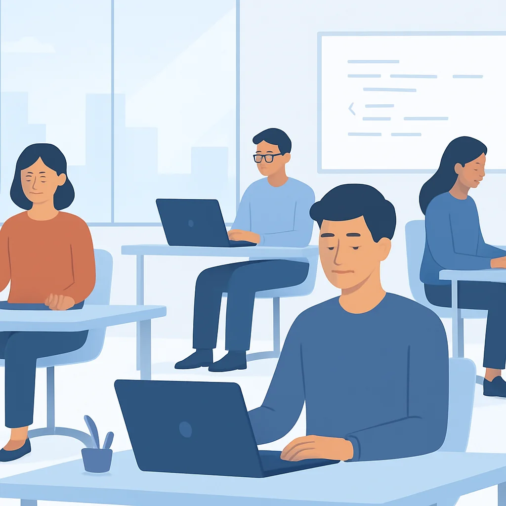 Futuristic office with calm, mindful developers