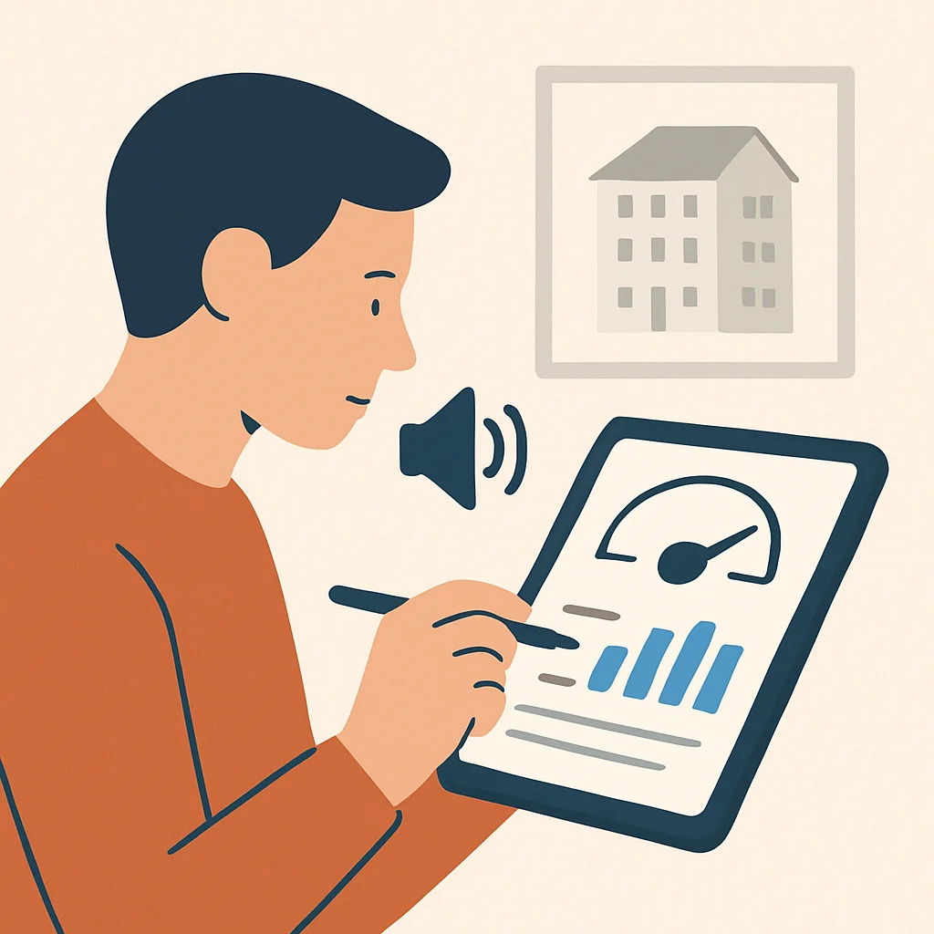 Person documenting apartment noise with tablet and sound meter app
