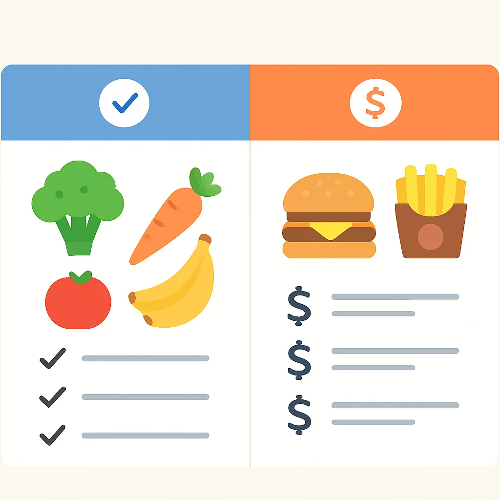 Cost-effective healthy food comparison table
