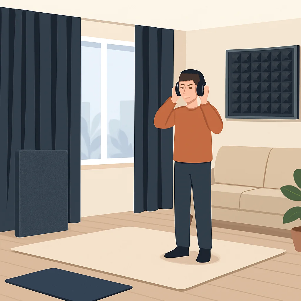 Apartment interior with soundproofing and noise-canceling headphones