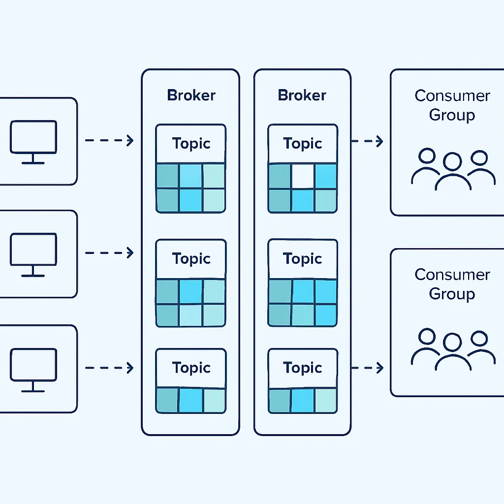 Apache Kafka architecture with topics, partitions, and consumer groups