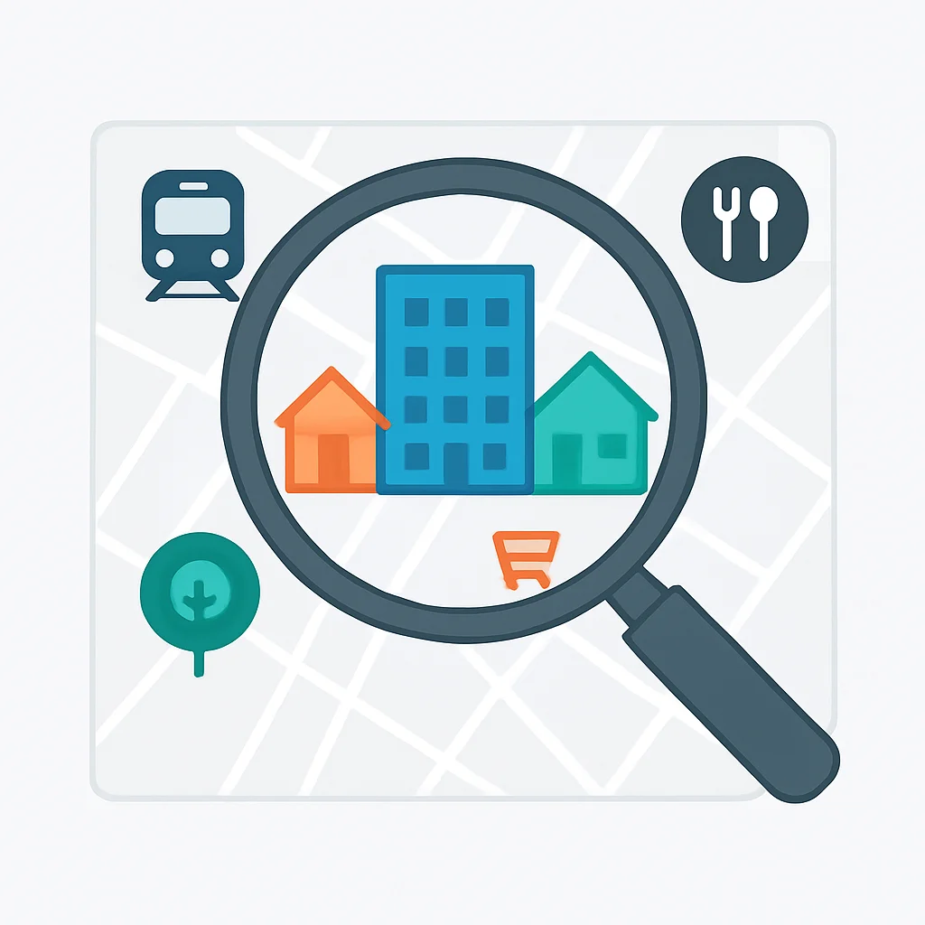 City map with magnifying glass showing real estate investment factors
