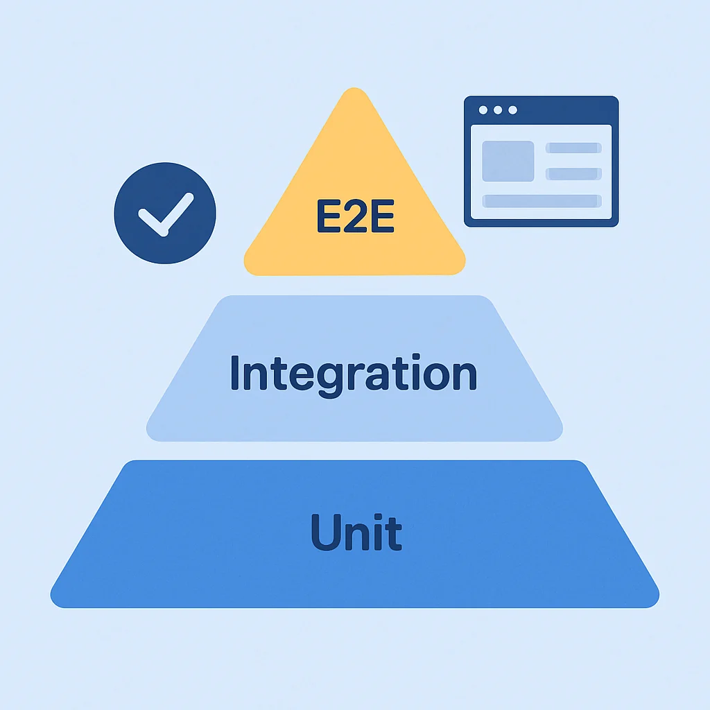 Illustration of a testing pyramid with Unit at the base, Integration in the middle, and E2E at the top