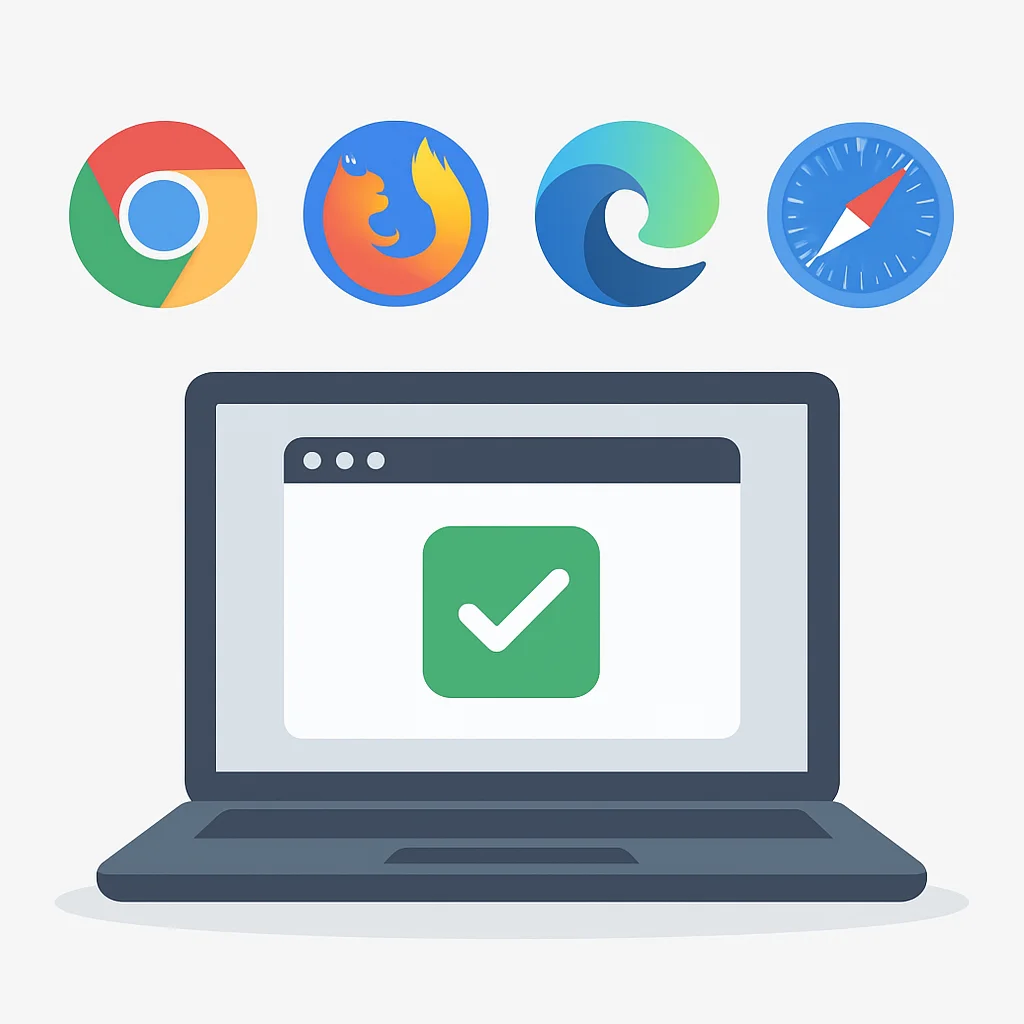 Illustration depicting Playwright testing across Chrome, Firefox, and WebKit browsers
