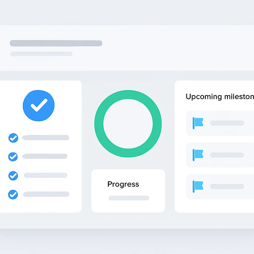 Learning progress dashboard with task completion and milestones