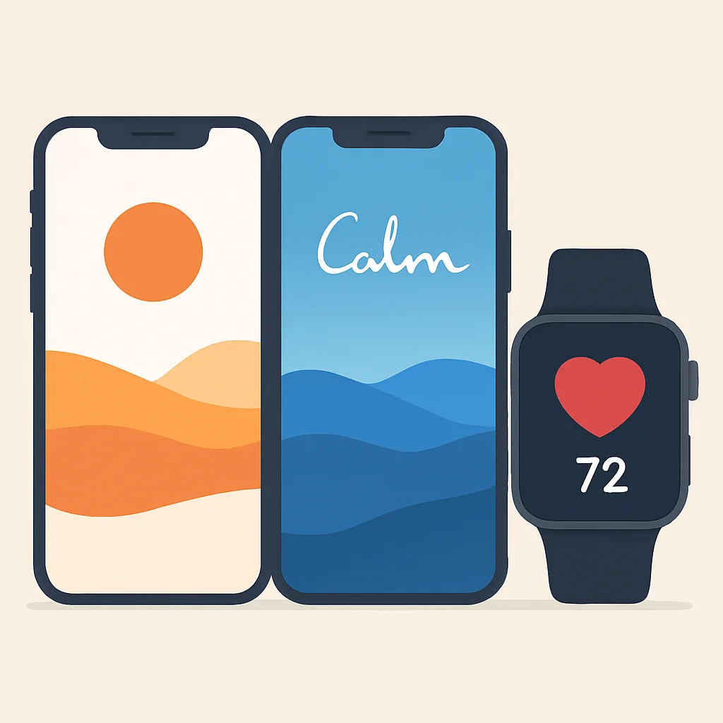 Mindfulness apps on phone screens and smartwatch with heart rate