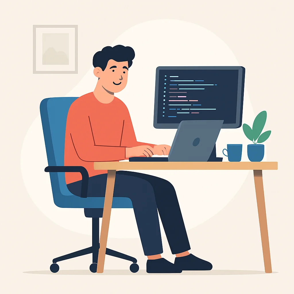 Happy developer with ergonomic setup and good posture