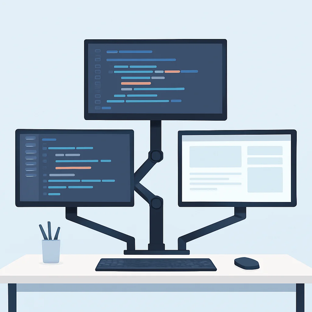 Developer multi-monitor setup with monitor arms