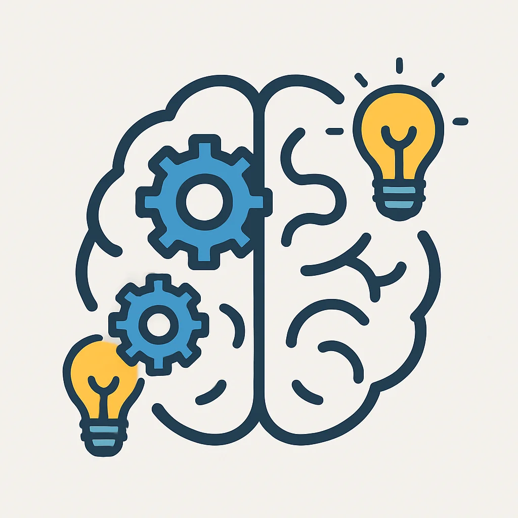 Meta-learning brain icon with gears and lightbulbs