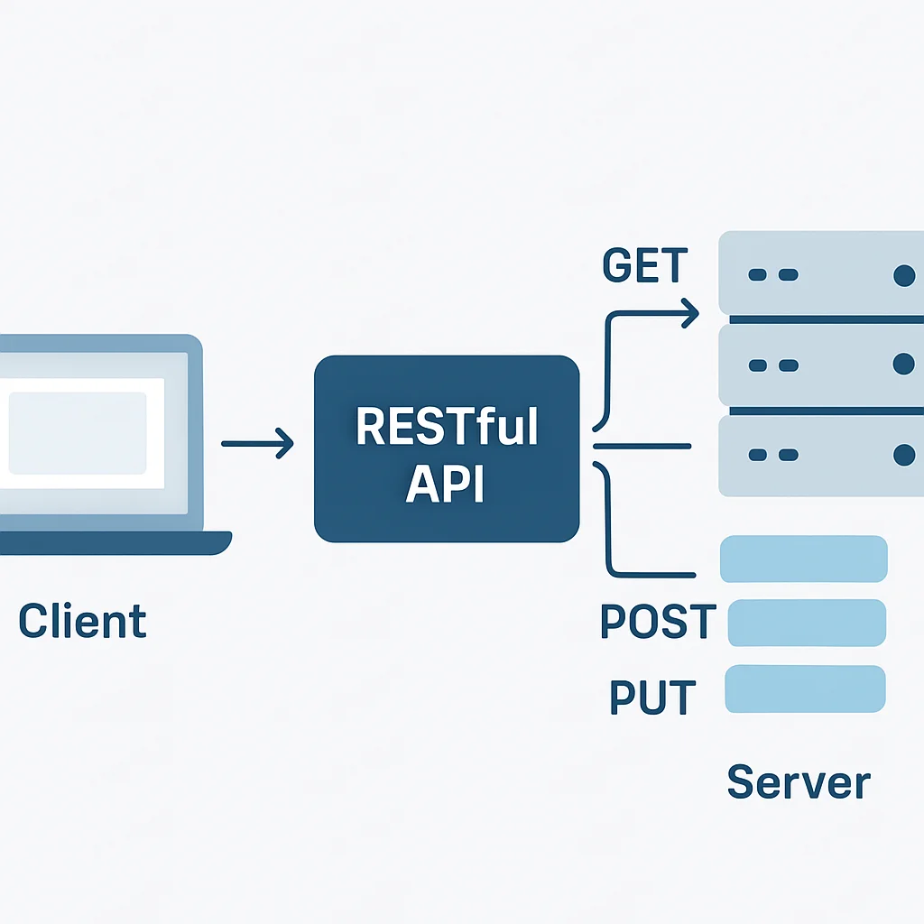 RESTful APIのアーキテクチャ図：クライアント・サーバー間の相互作用とHTTPメソッド