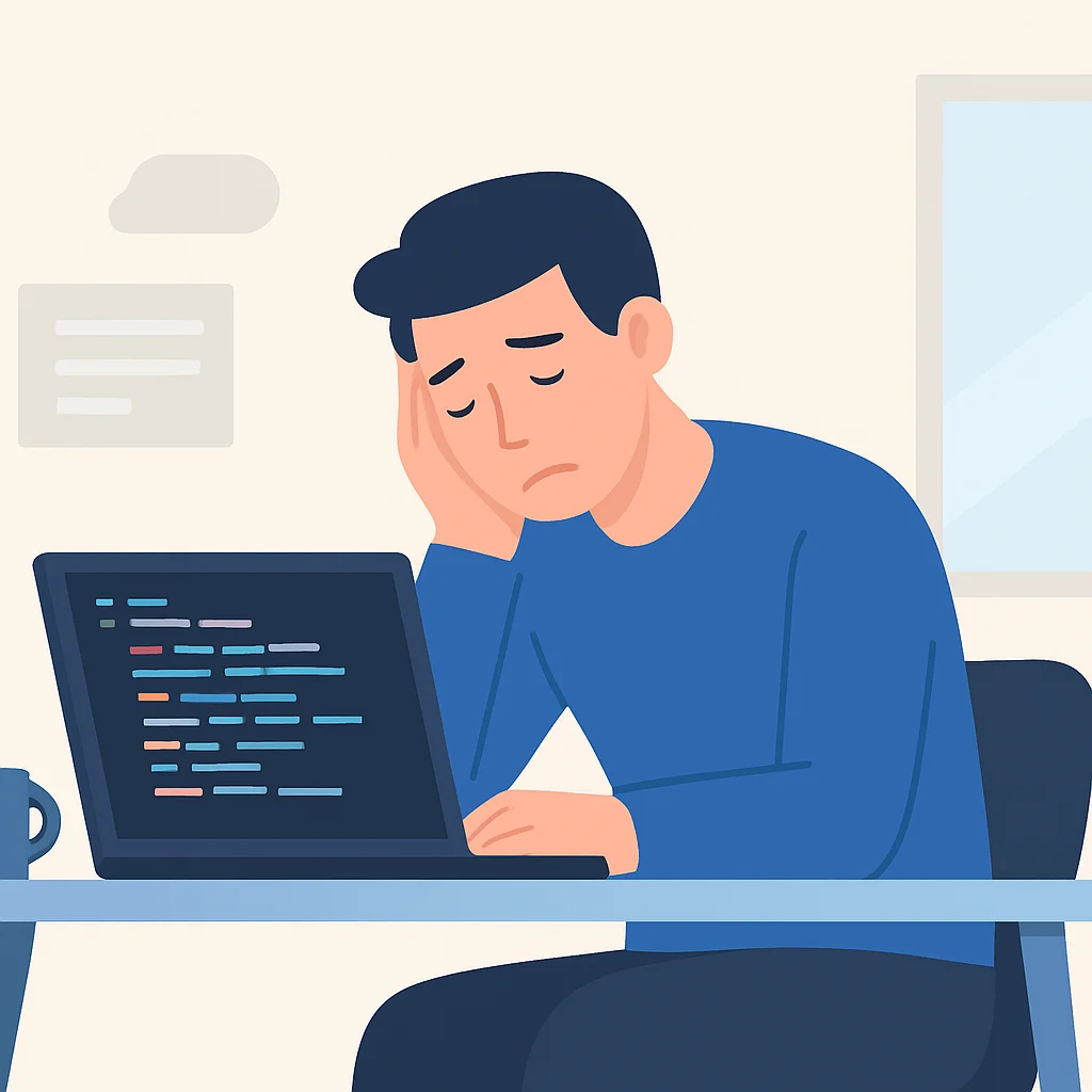 Tired developer at desk with code on laptop
