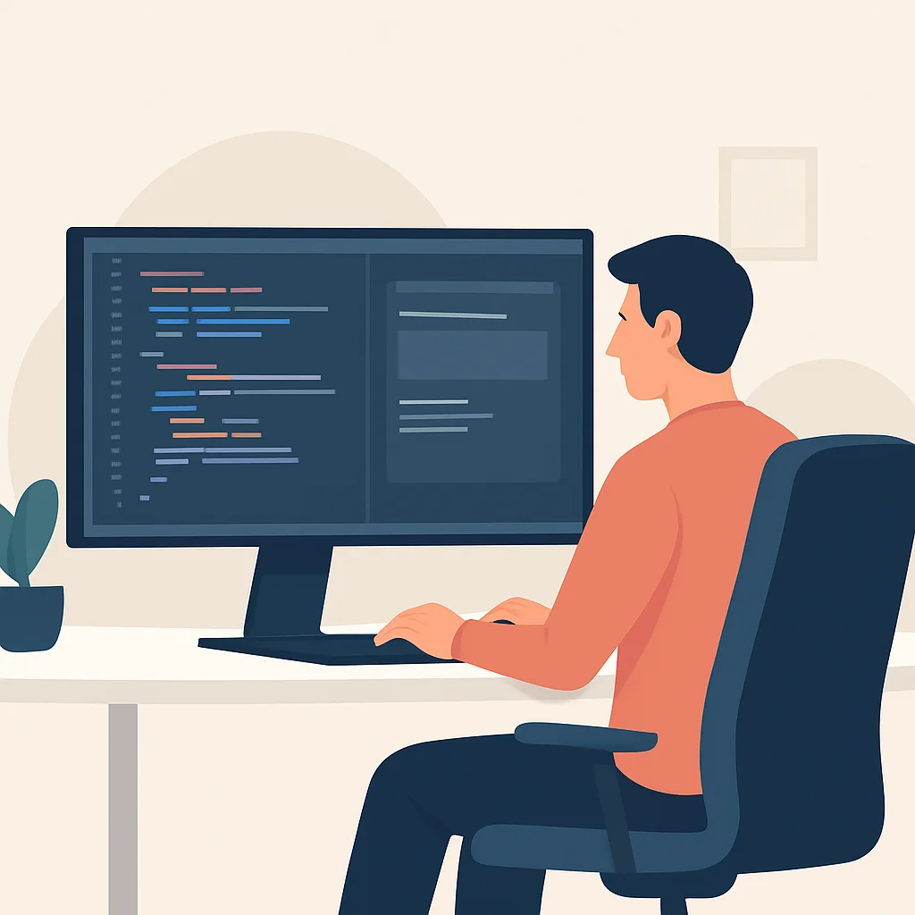 Happy developer using ultra-wide screen for coding