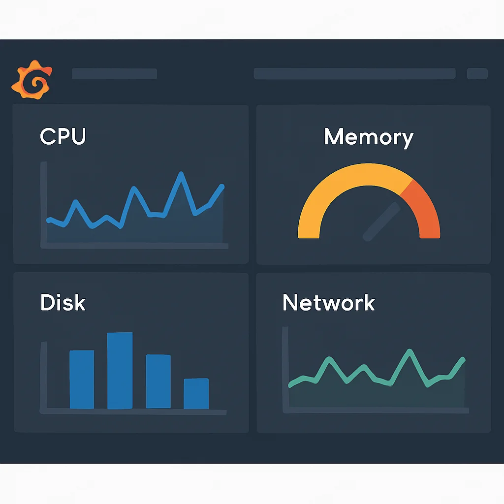 Grafanaダッシュボードの例：CPU、メモリ、ディスク使用量、ネットワークトラフィックの表示