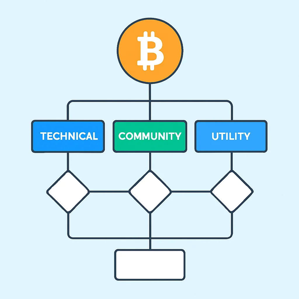 仮想通貨プロジェクト評価の意思決定フローチャート（技術、コミュニティ、ユースケース）