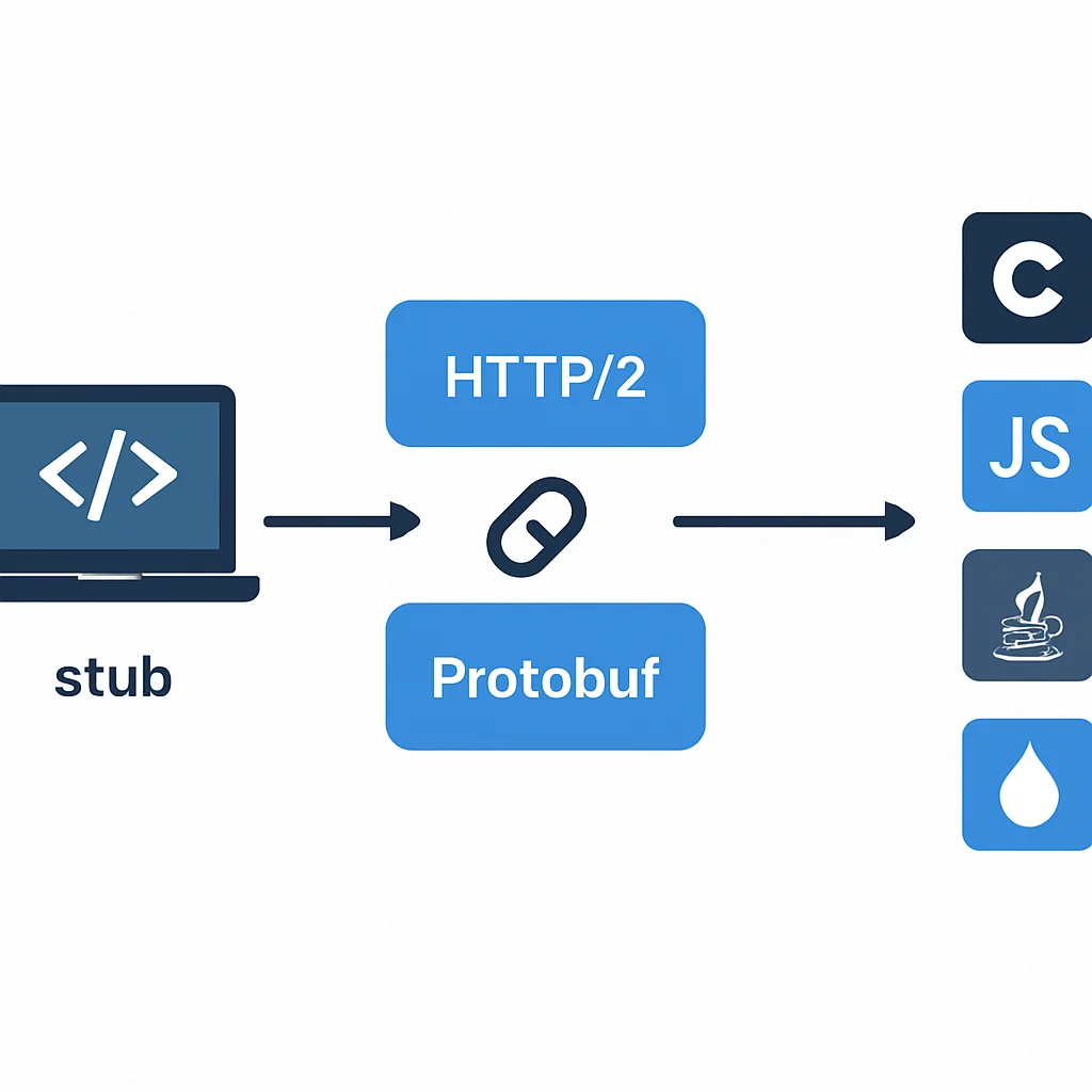 gRPC通信フロー図：クライアント、スタブ、HTTP/2、Protobuf、サーバーの多言語間相互作用