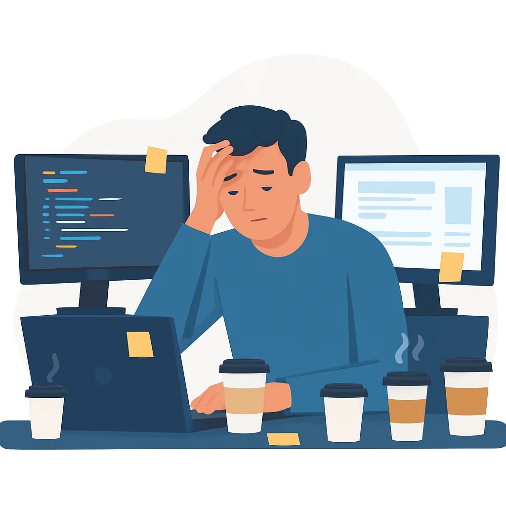 Stressed developer illustration with burnout symptoms