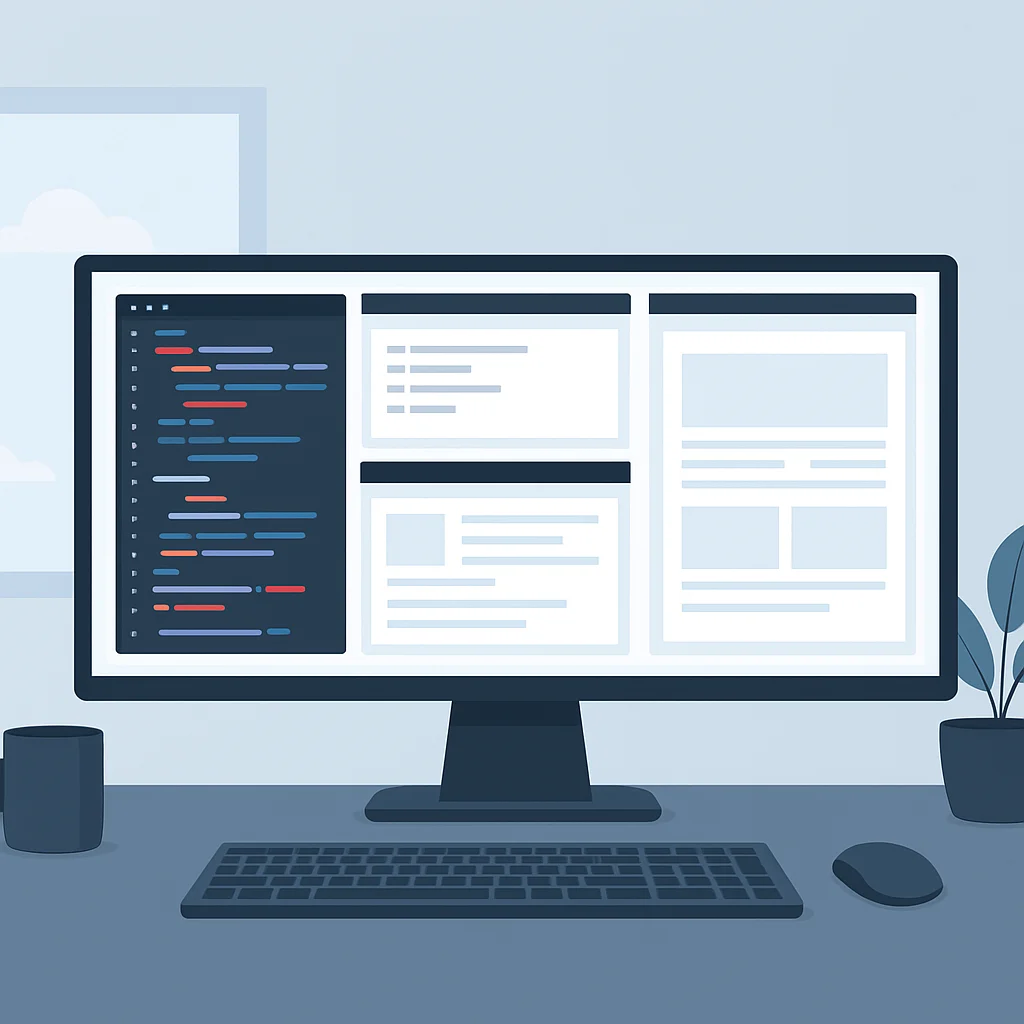 Developer using ultra-wide monitor with multiple applications