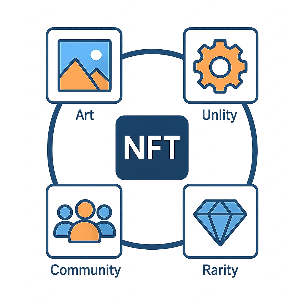 NFTプロジェクトの価値要素を示すインフォグラフィック（アート、ユーティリティ、コミュニティ、希少性）