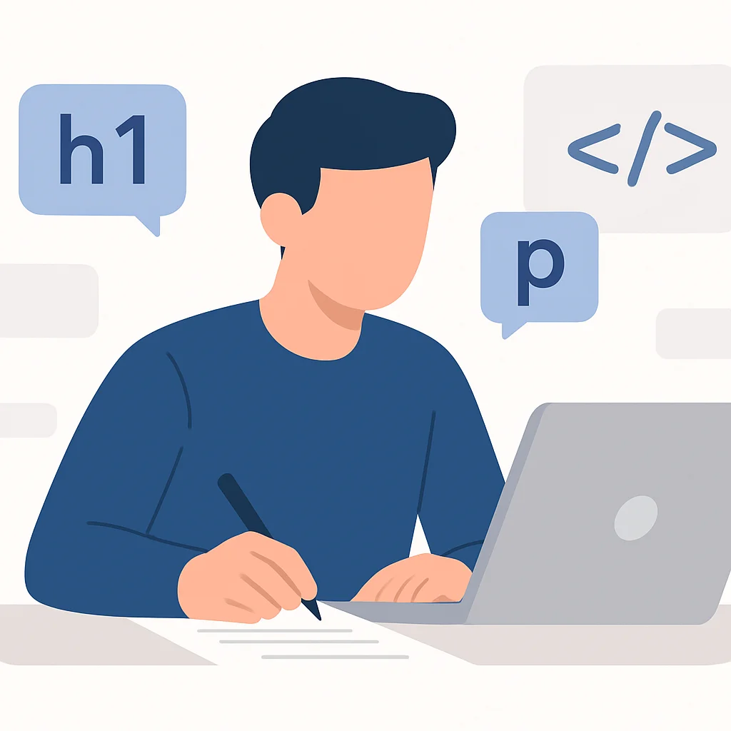 ノートパソコンでブログ記事を書く人とHTMLタグのイラスト