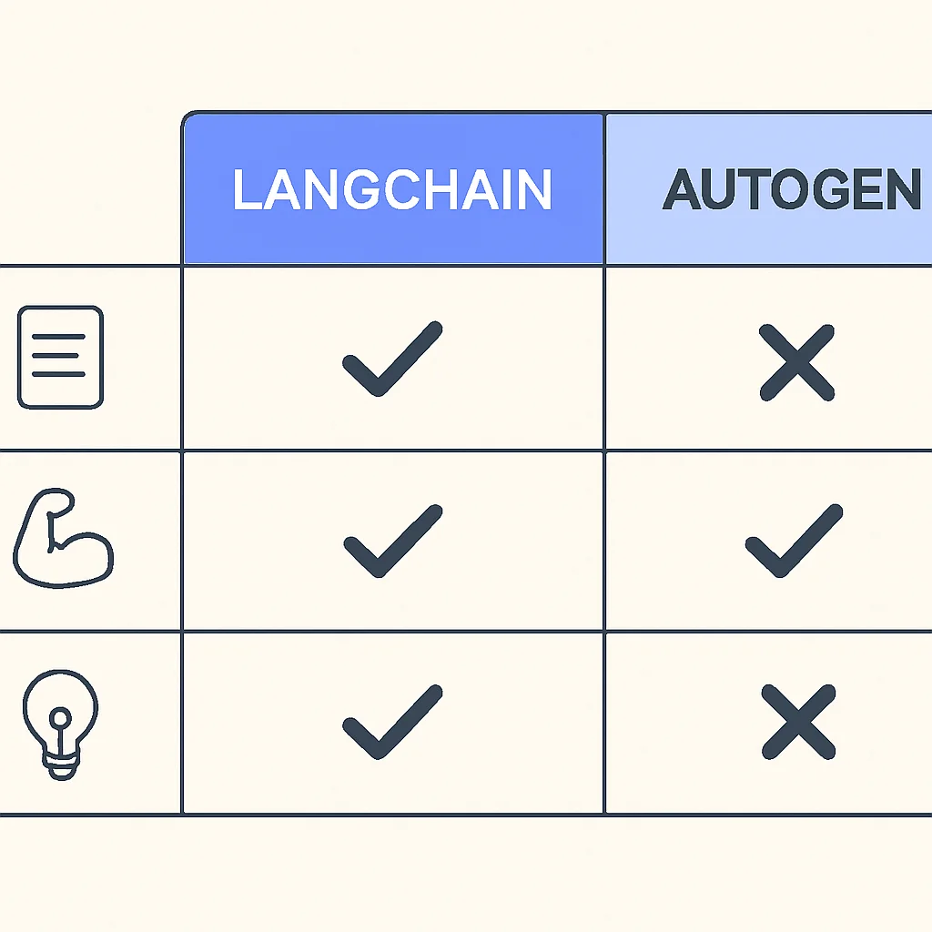 LangChainとAutoGenの機能、強み、ユースケースを比較する表
