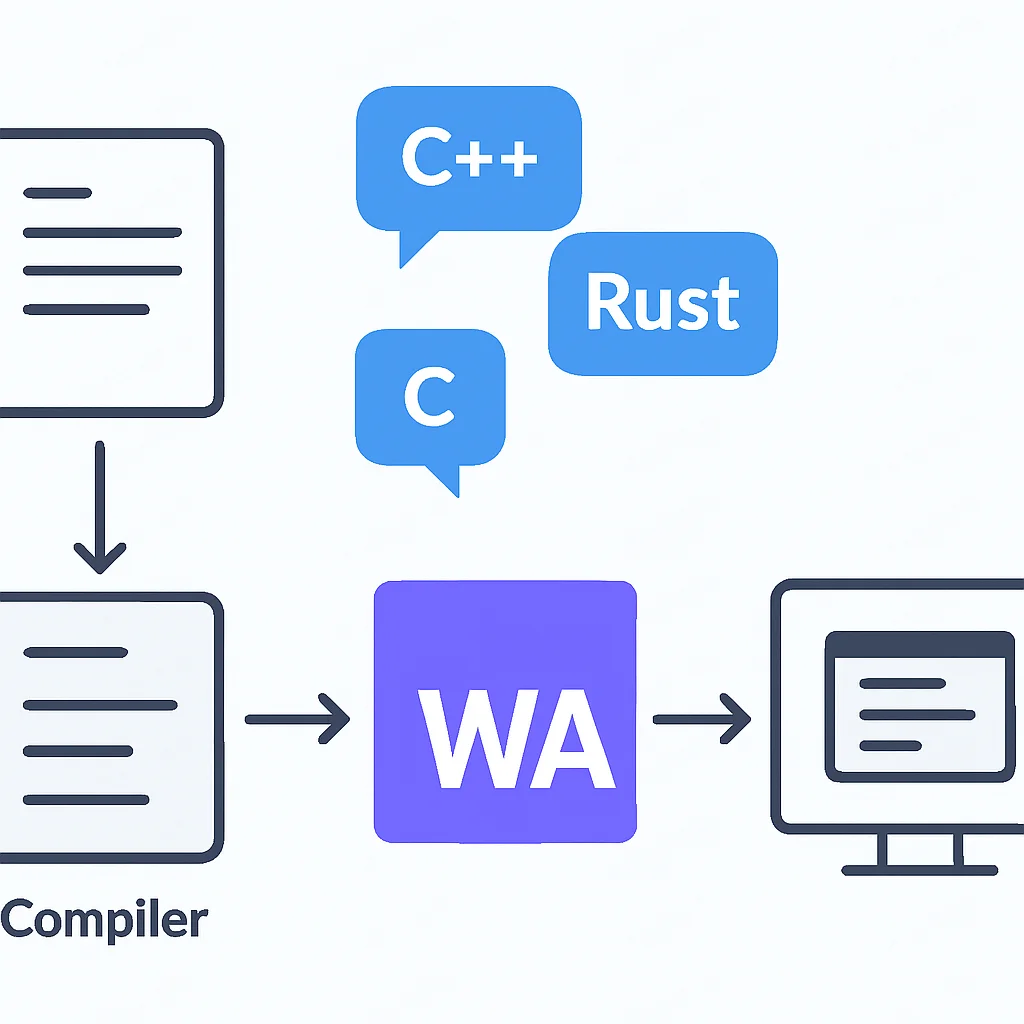 WebAssembly開発ツールチェーンとコンパイルプロセスを示すフローチャート