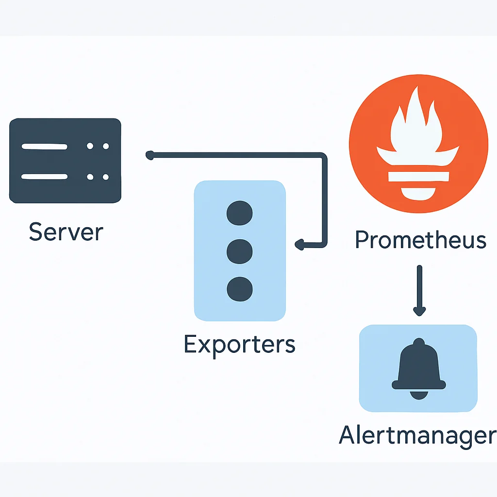 Prometheusアーキテクチャ図：サーバー、Exporter、Alertmanager、データフロー