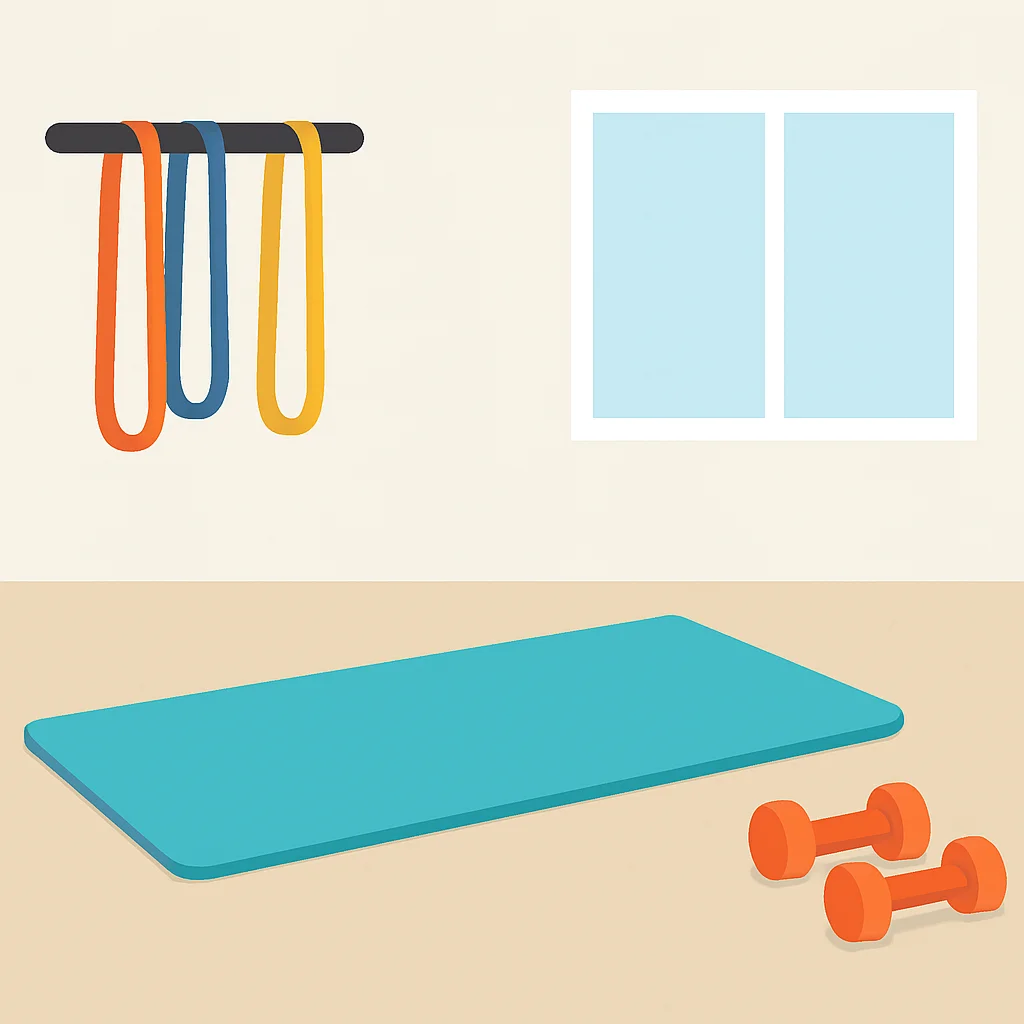 Home gym setup with mat, bands, dumbbells