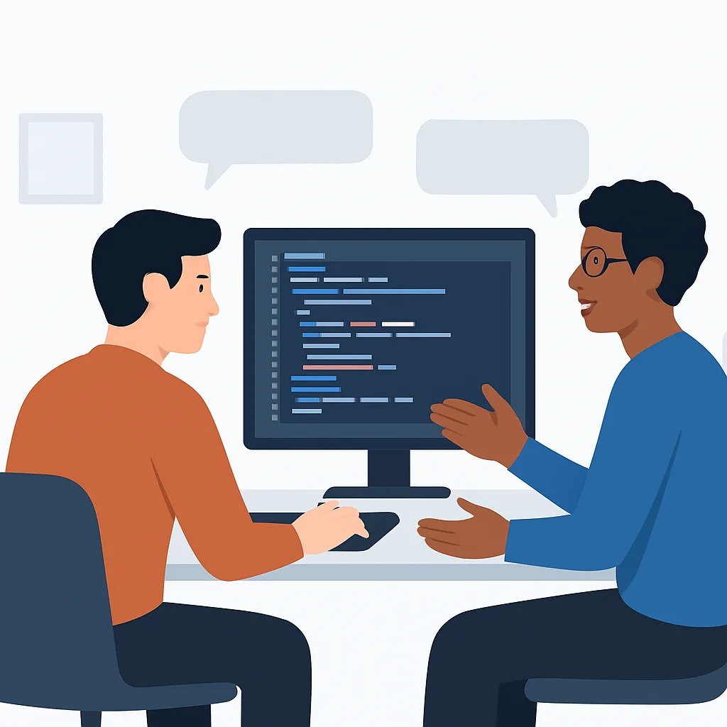 Developers pair programming and discussing code in English